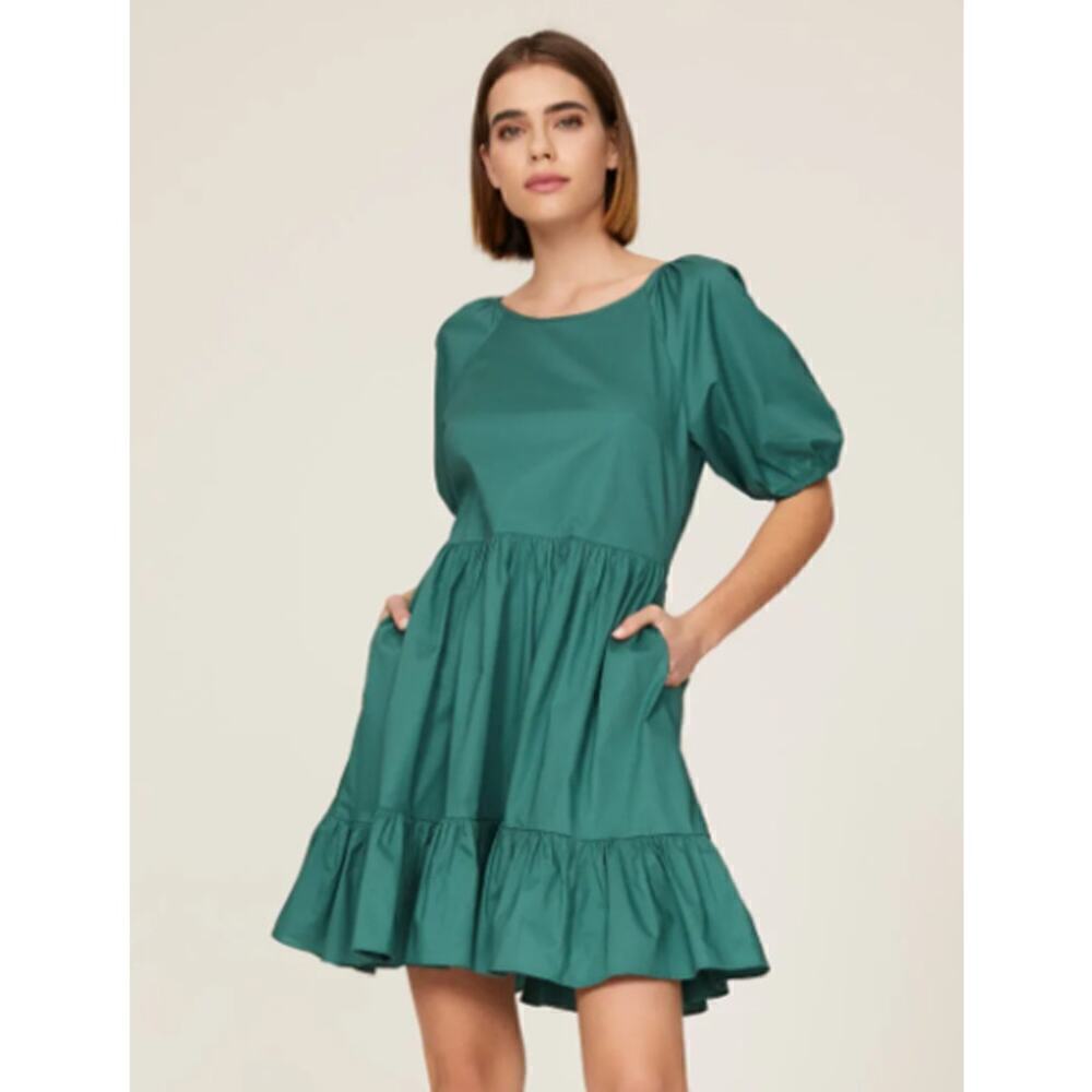 Peter Som Puff Sleeve Dress Open Tie Back Cotton Mini Green Size 8